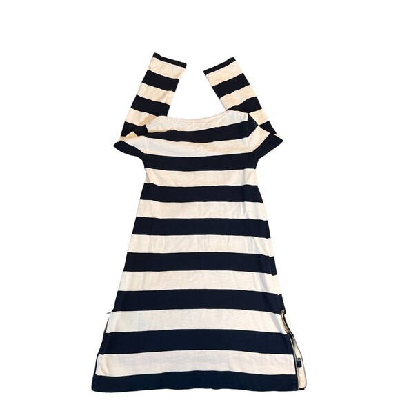 J.Crew Maritime Dress XS Navy Ivory Bold Rugby Stripe 3/4 Sleeve Zipper Shift - Picture 2 of 6